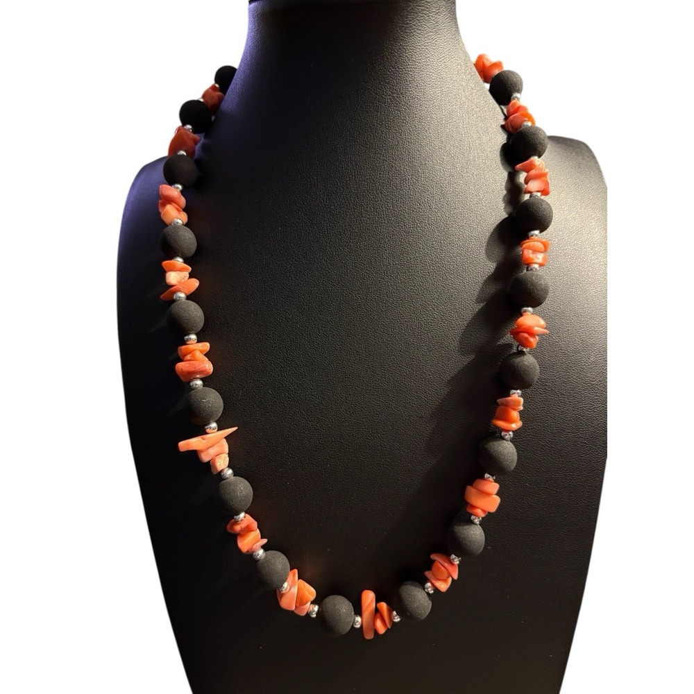 Matte Black Bead Faux? Coral Chip Necklace Silver Tone Beaded Unique 22‎ in